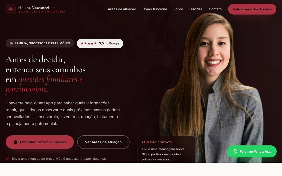 Site Helena Vasconcellos Advocacia: landing page de advocacia de família e sucessões