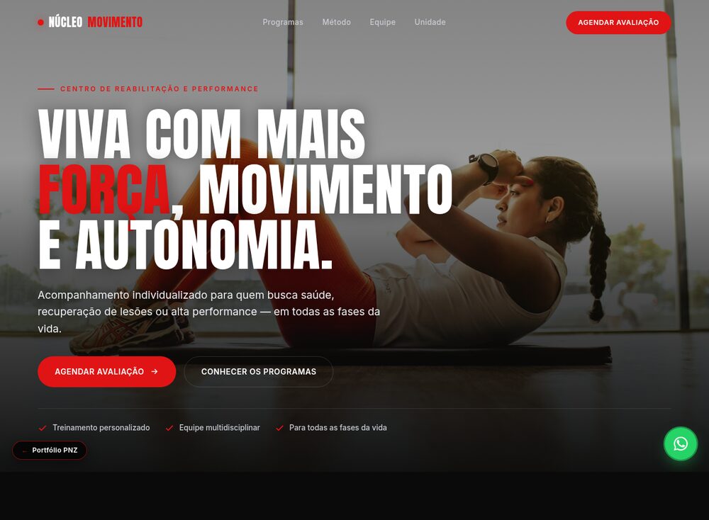 Site Núcleo Movimento: landing page de reabilitação e performance