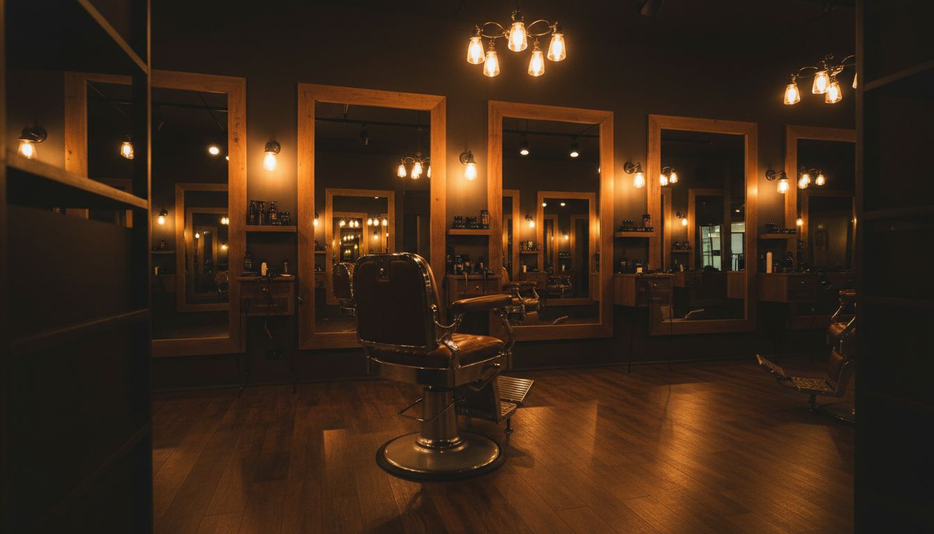 Interior da Barbearia Império — cadeira, espelhos e luz âmbar