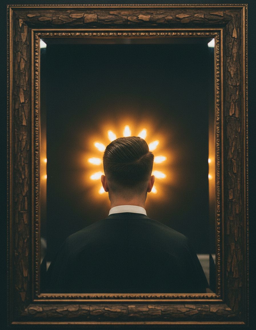 Pompadour clássico — reflexo no espelho da barbearia