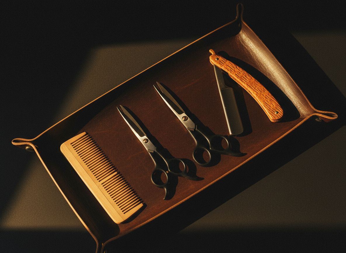 Instrumentos do barbeiro — pente, tesoura e navalha em bandeja de couro