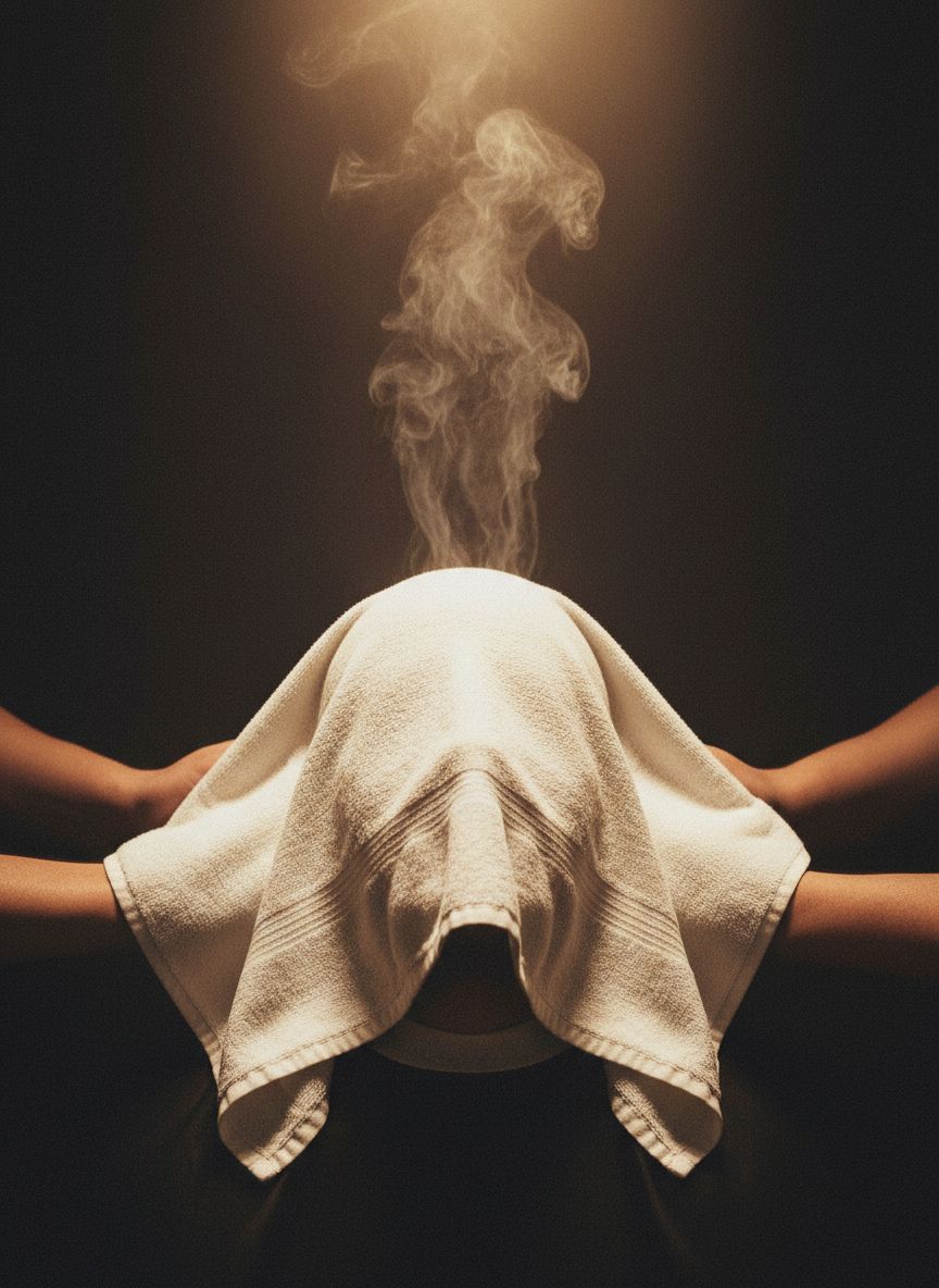 Toalha quente sobre rosto — ritual de spa masculino