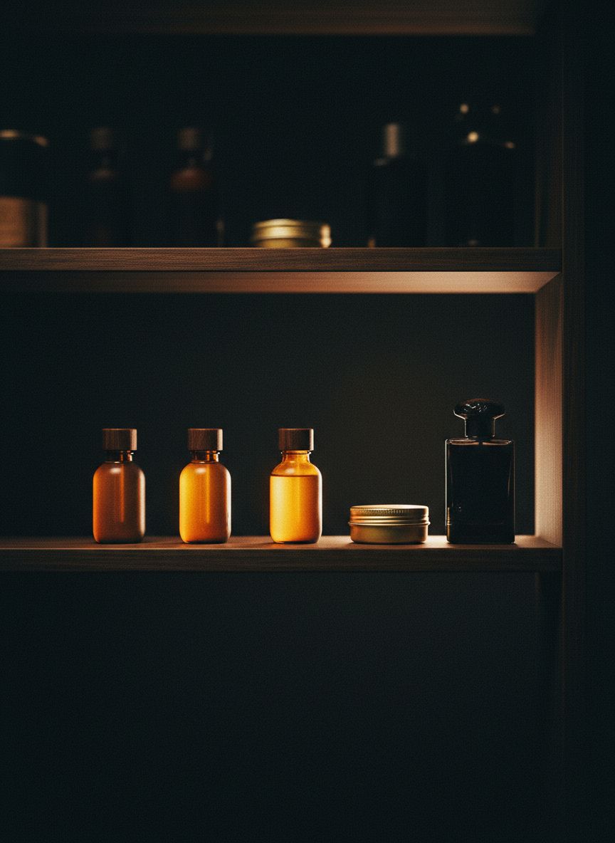Produtos alinhados na prateleira de madeira — curadoria da barbearia