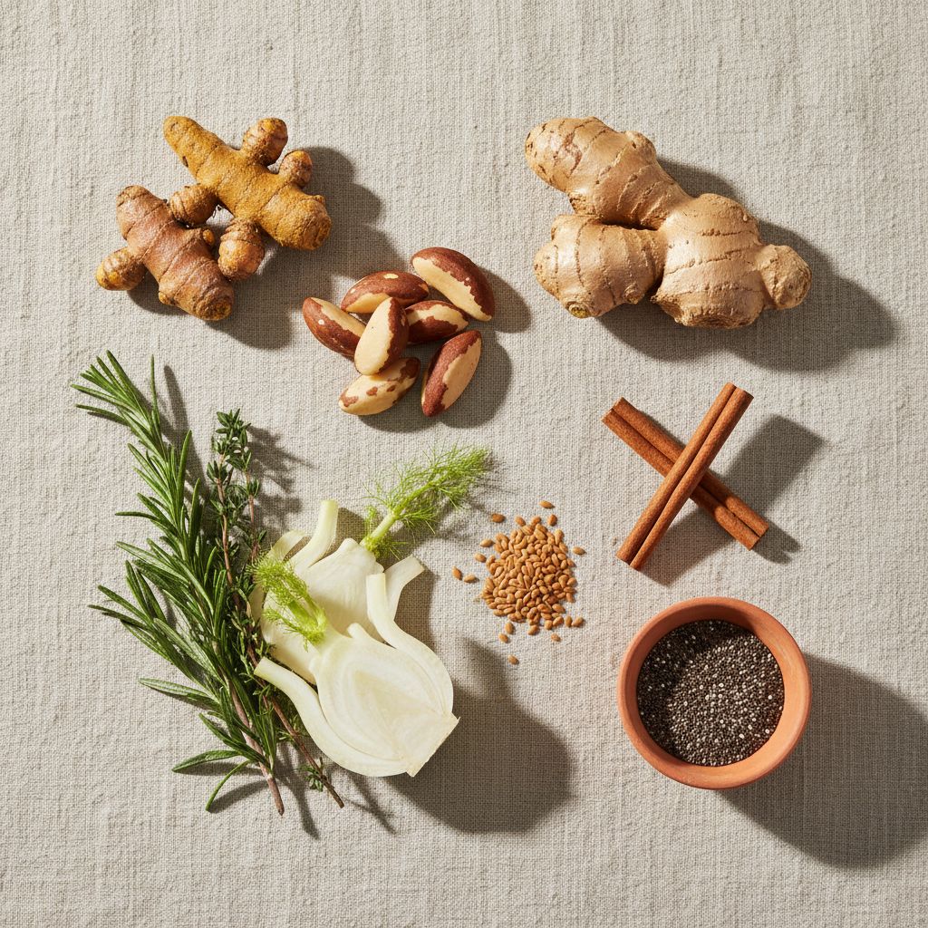 Flat lay com ingredientes funcionais — raízes, castanhas, ervas e temperos